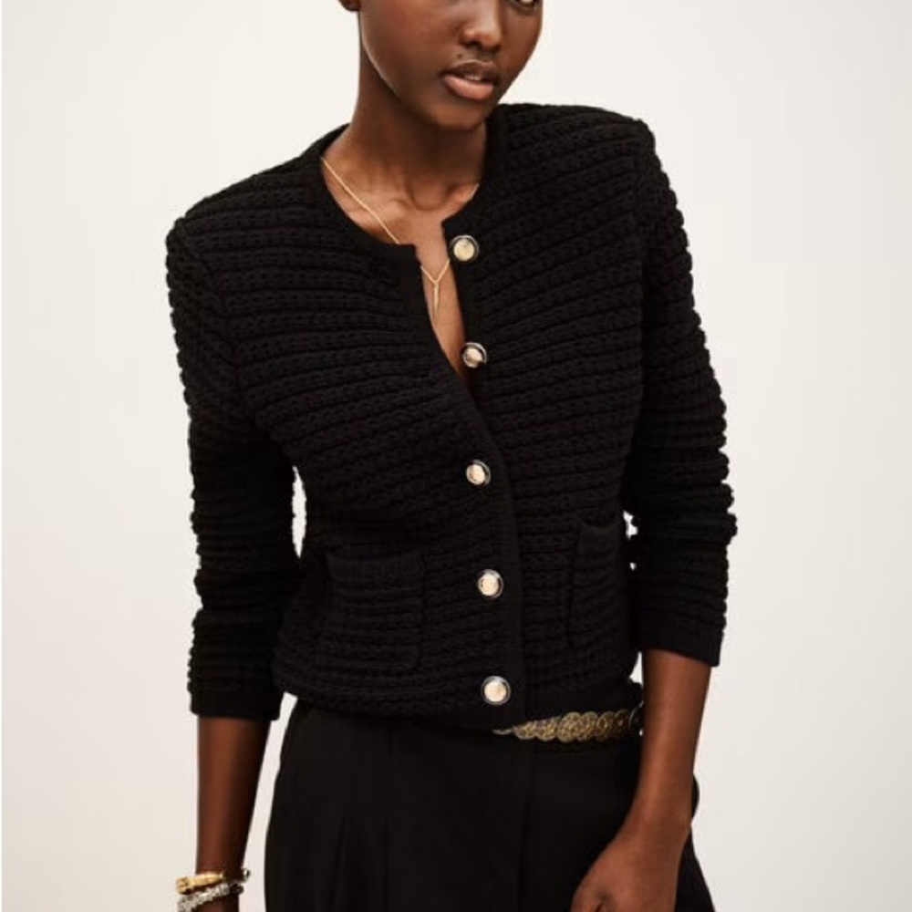 ba&sh Textured Black Cardigan with Gold Accent